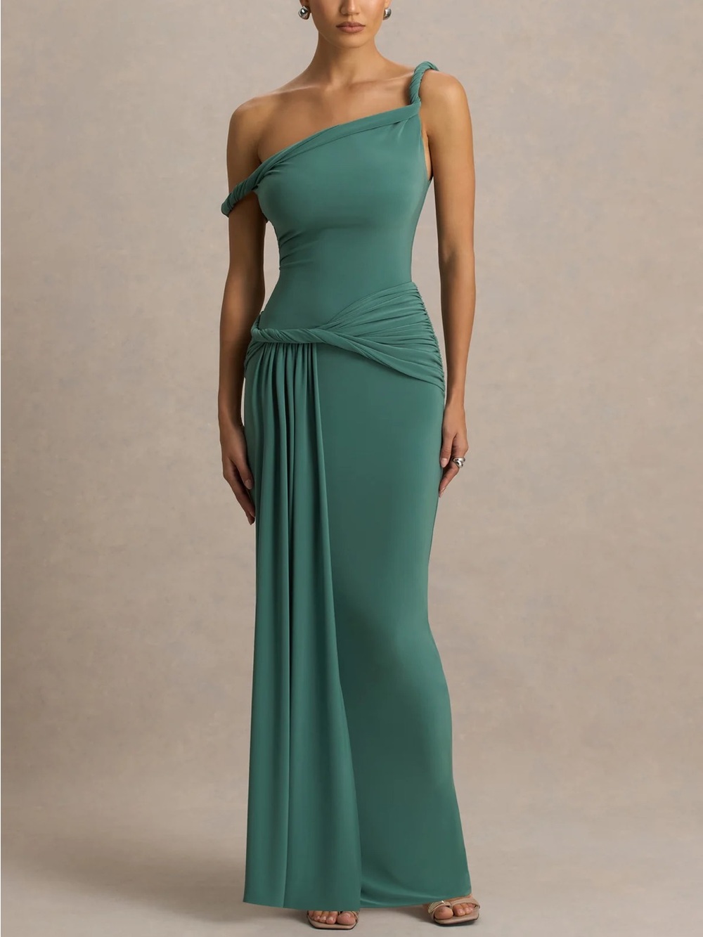 Club L London Tulisa Asymmetric Maxi Dress Ruched Twist Wedding guest Sea Pine